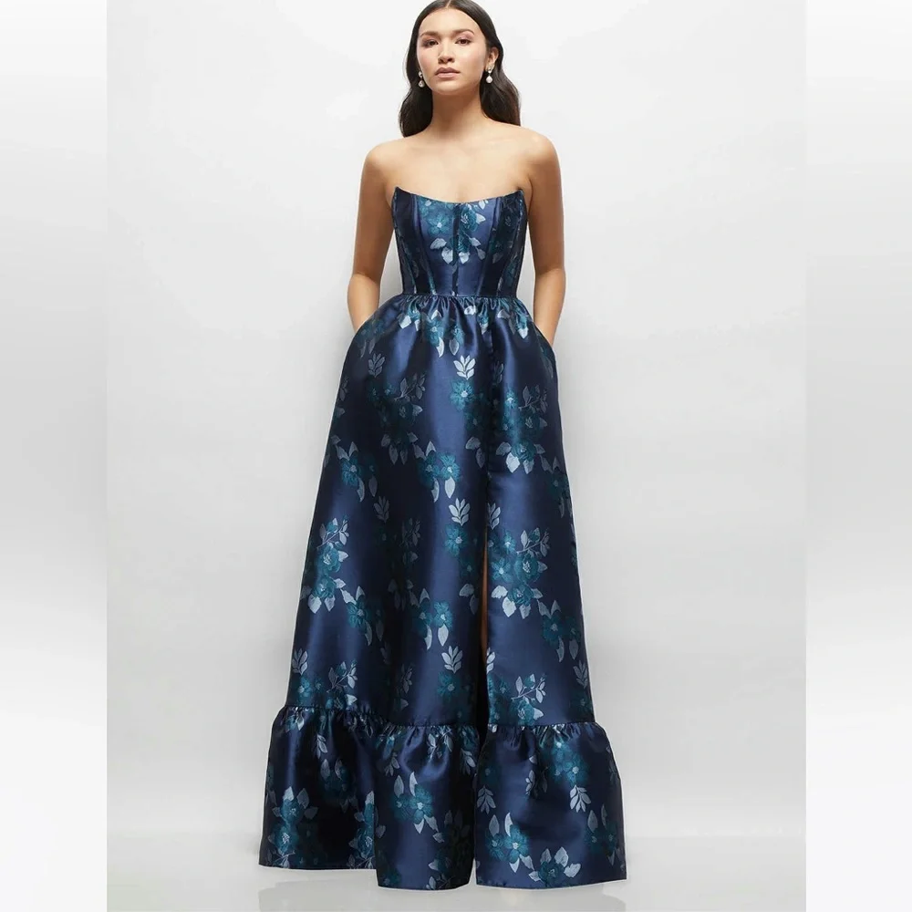 Dessy Collection Dorset strapless corset gown in midnight navy damask floral